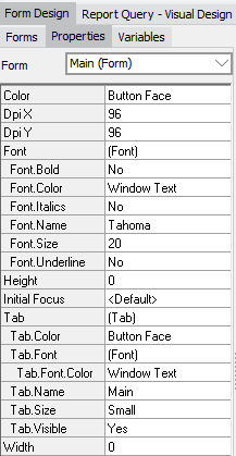 The Properties tab under the Form Design tab showing all properties that pertain to the form selected in the dropdown.